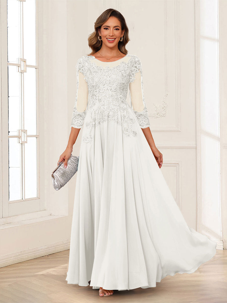 A-Line/Princess Scoop 3/4 Sleeves Chiffon Mother of the Bride Dresses with Applique