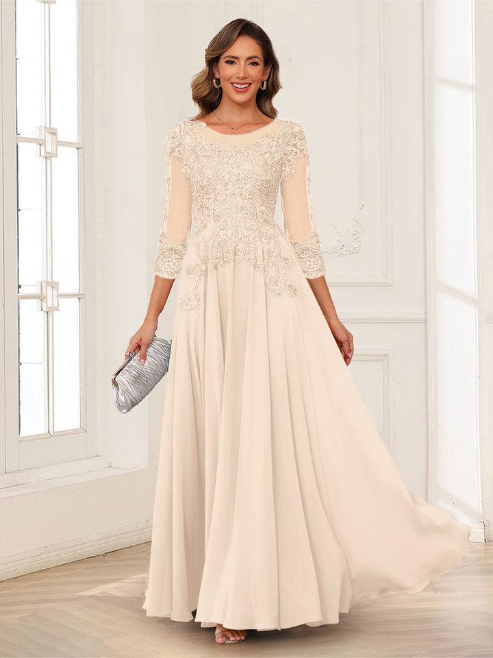 A-Line/Princess Scoop 3/4 Sleeves Chiffon Mother of the Bride Dresses with Applique