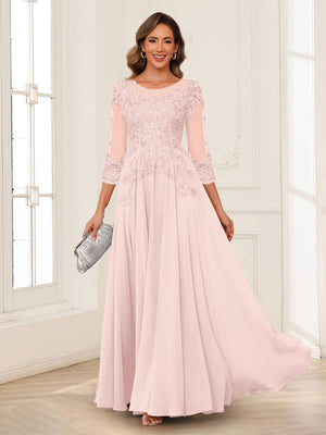 A-Line/Princess Scoop 3/4 Sleeves Chiffon Mother of the Bride Dresses with Applique