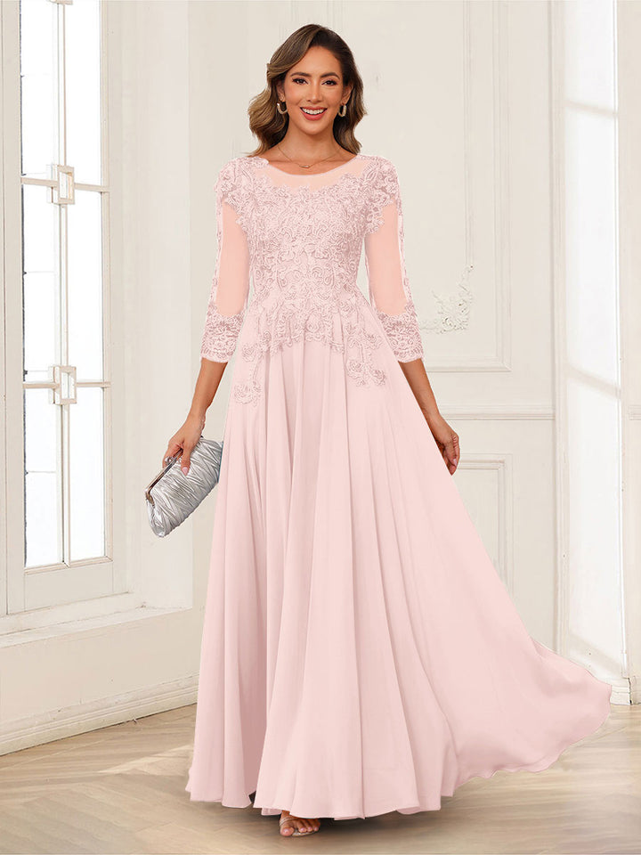A-Line/Princess Scoop 3/4 Sleeves Chiffon Mother of the Bride Dresses with Applique