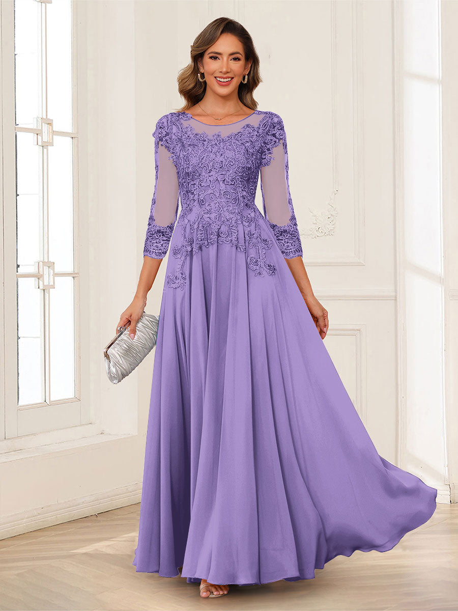 A-Line/Princess Scoop 3/4 Sleeves Chiffon Mother of the Bride Dresses with Applique