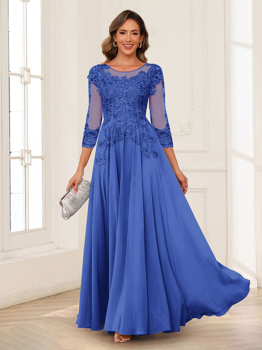 A-Line/Princess Scoop 3/4 Sleeves Chiffon Mother of the Bride Dresses with Applique