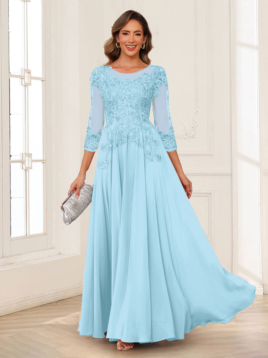 A-Line/Princess Scoop 3/4 Sleeves Chiffon Mother of the Bride Dresses with Applique