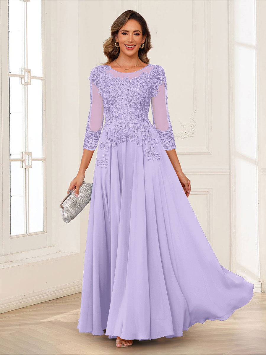 A-Line/Princess Scoop 3/4 Sleeves Chiffon Mother of the Bride Dresses with Applique