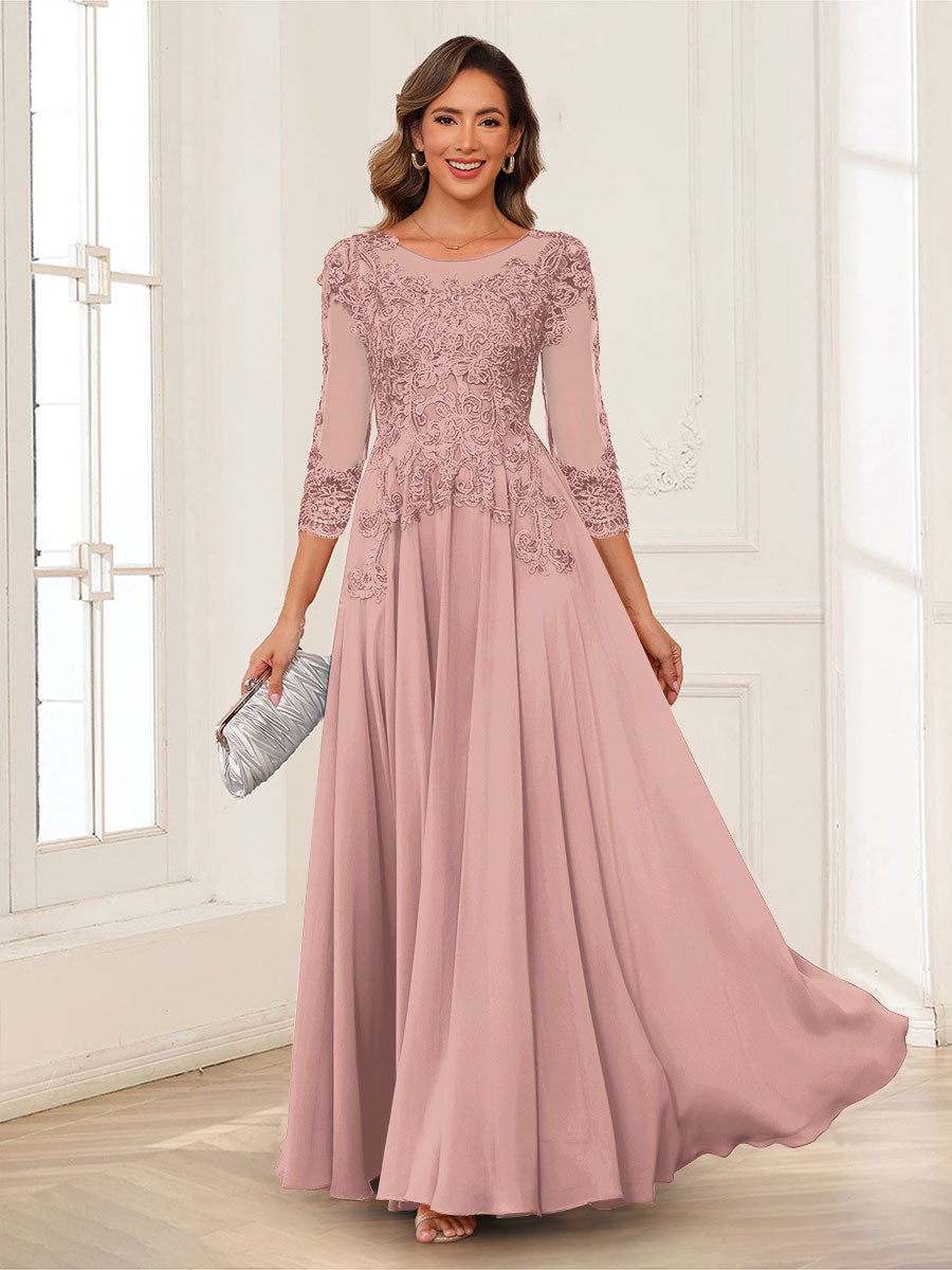 A-Line/Princess Scoop 3/4 Sleeves Chiffon Mother of the Bride Dresses with Applique