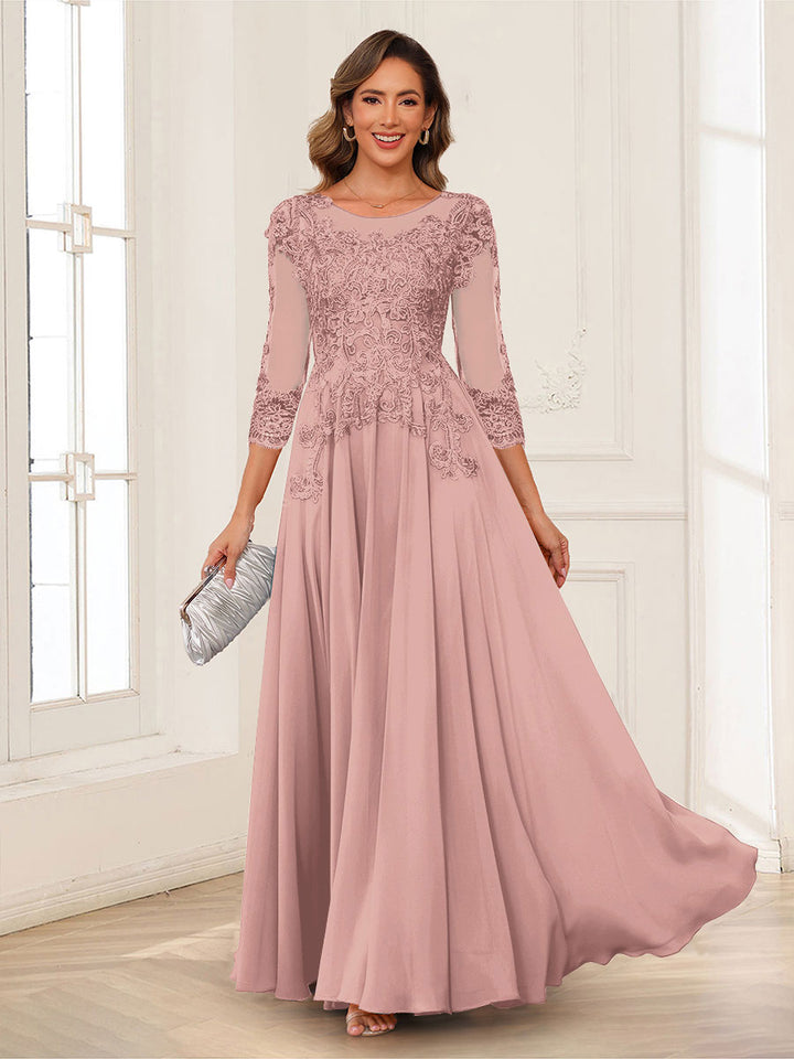 A-Line/Princess Scoop 3/4 Sleeves Chiffon Mother of the Bride Dresses with Applique