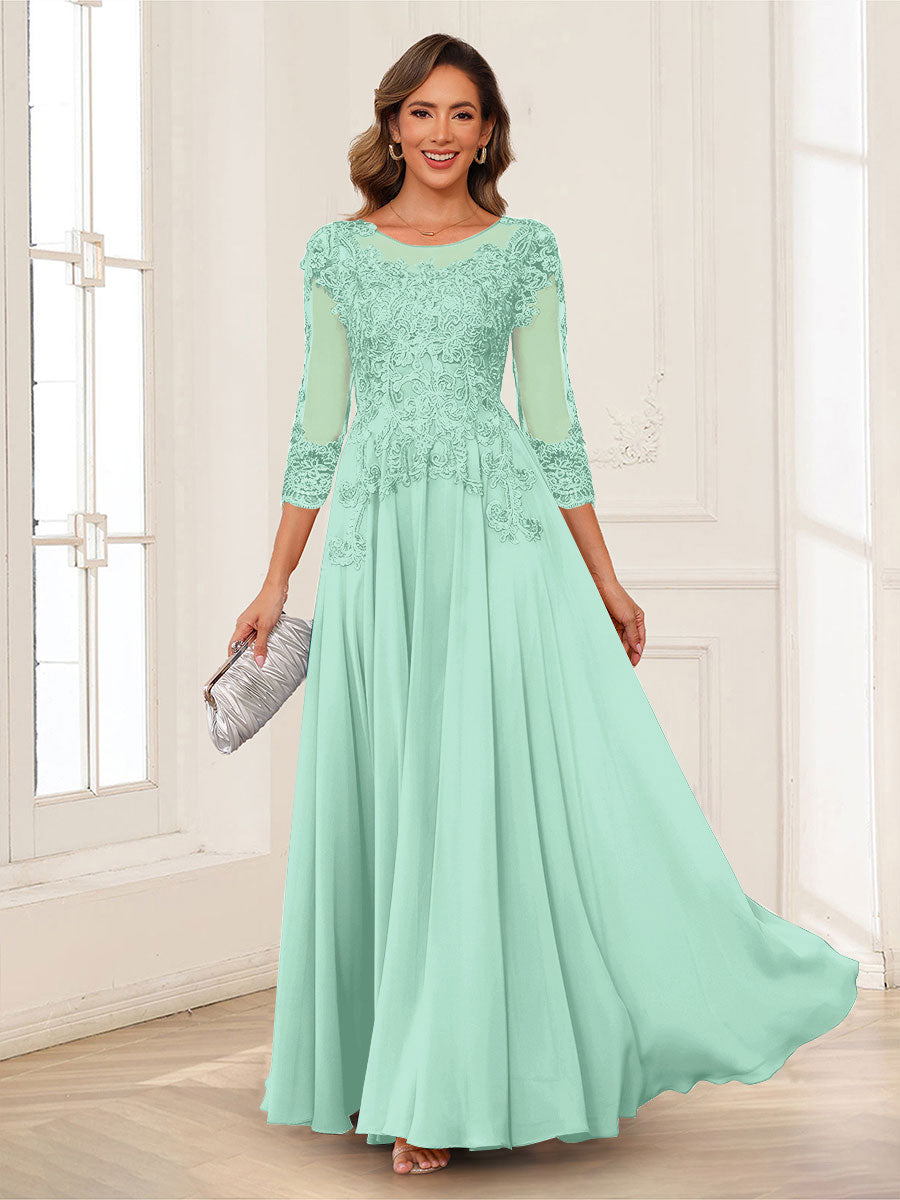 A-Line/Princess Scoop 3/4 Sleeves Chiffon Mother of the Bride Dresses with Applique
