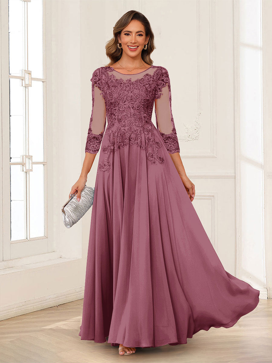 A-Line/Princess Scoop 3/4 Sleeves Chiffon Mother of the Bride Dresses with Applique