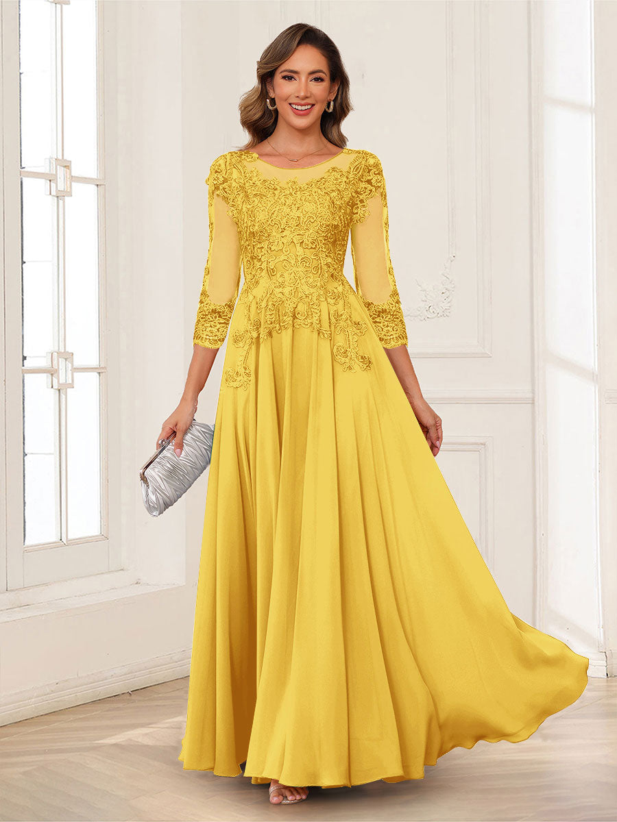 A-Line/Princess Scoop 3/4 Sleeves Chiffon Mother of the Bride Dresses with Applique