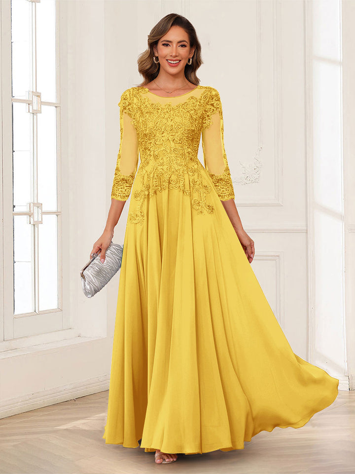A-Line/Princess Scoop 3/4 Sleeves Chiffon Mother of the Bride Dresses with Applique