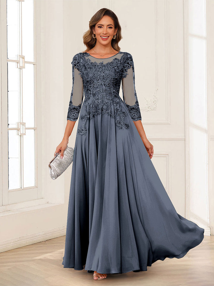 A-Line/Princess Scoop 3/4 Sleeves Chiffon Mother of the Bride Dresses with Applique