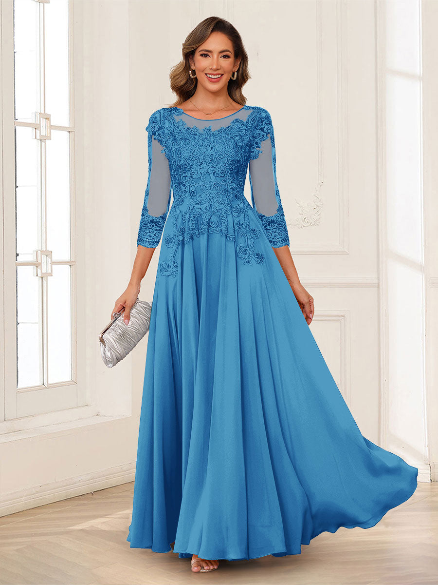 A-Line/Princess Scoop 3/4 Sleeves Chiffon Mother of the Bride Dresses with Applique