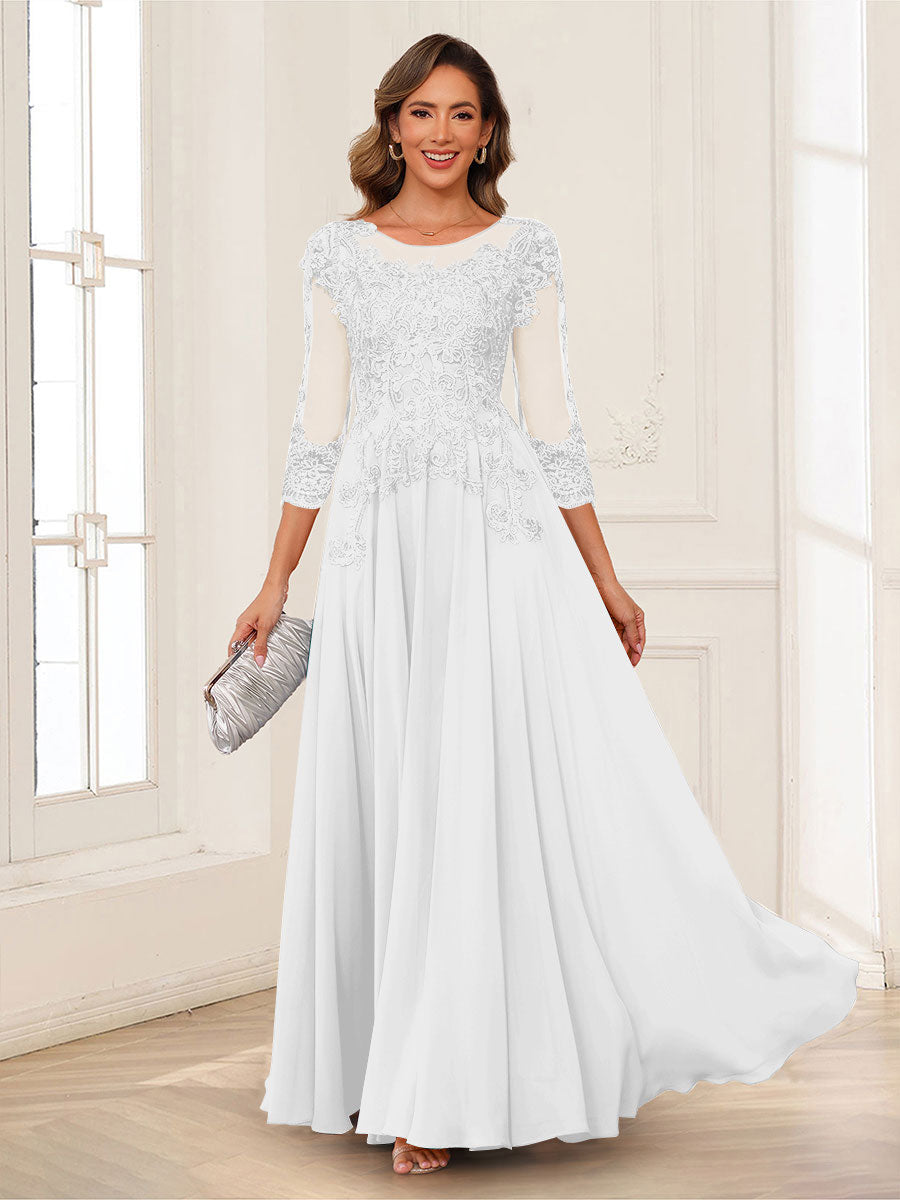 A-Line/Princess Scoop 3/4 Sleeves Chiffon Mother of the Bride Dresses with Applique