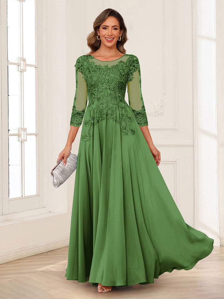 A-Line/Princess Scoop 3/4 Sleeves Chiffon Mother of the Bride Dresses with Applique