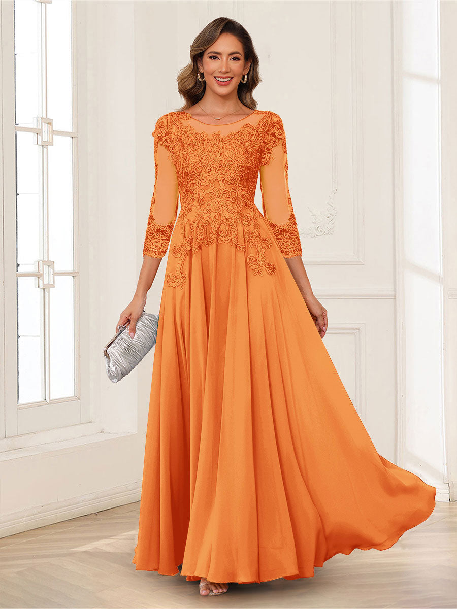 A-Line/Princess Scoop 3/4 Sleeves Chiffon Mother of the Bride Dresses with Applique