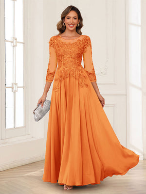 A-Line/Princess Scoop 3/4 Sleeves Chiffon Mother of the Bride Dresses with Applique