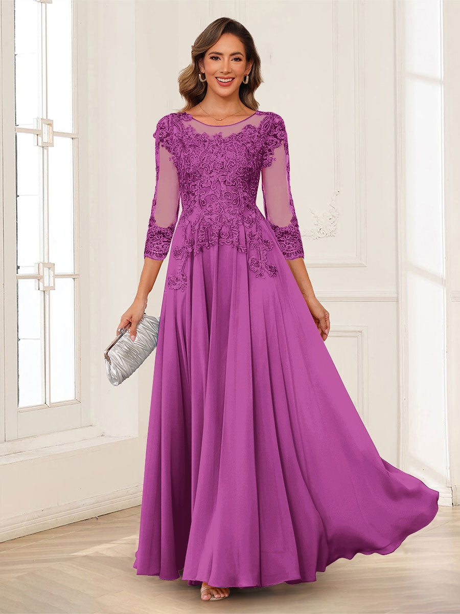 A-Line/Princess Scoop 3/4 Sleeves Chiffon Mother of the Bride Dresses with Applique