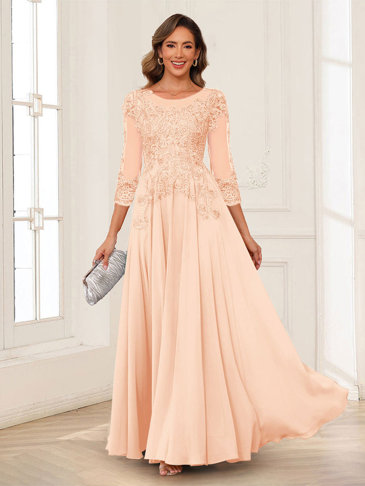 A-Line/Princess Scoop 3/4 Sleeves Chiffon Mother of the Bride Dresses with Applique