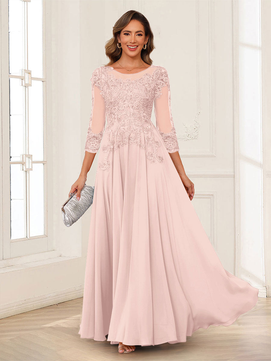 A-Line/Princess Scoop 3/4 Sleeves Chiffon Mother of the Bride Dresses with Applique