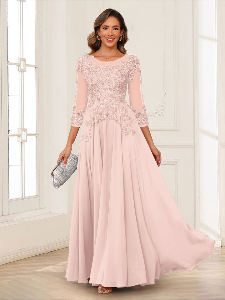 A-Line/Princess Scoop 3/4 Sleeves Chiffon Mother of the Bride Dresses with Applique