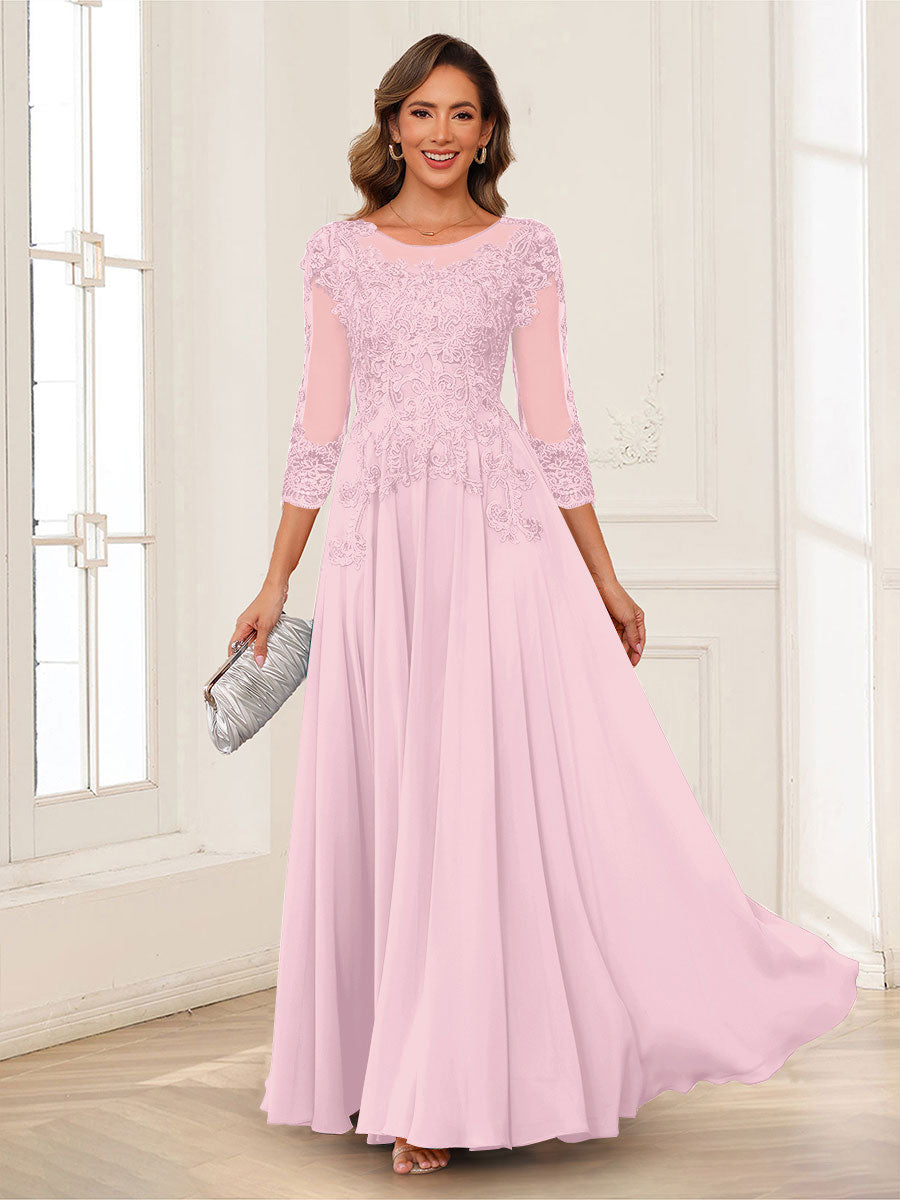 A-Line/Princess Scoop 3/4 Sleeves Chiffon Mother of the Bride Dresses with Applique