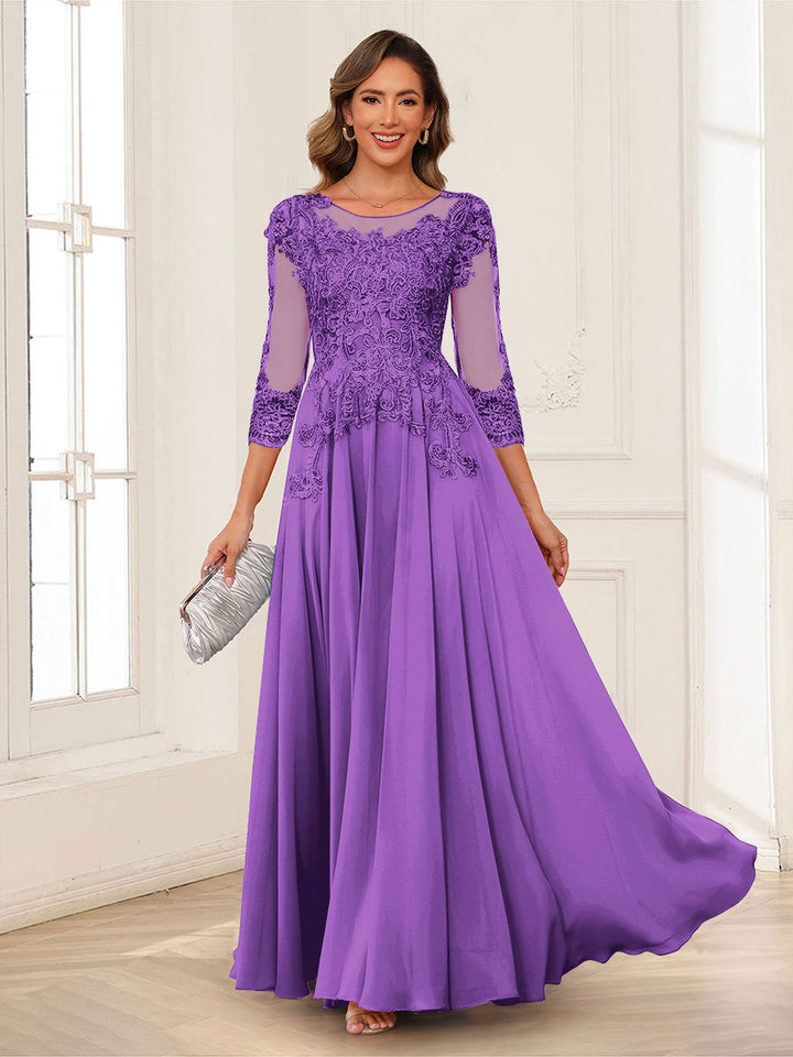 A-Line/Princess Scoop 3/4 Sleeves Chiffon Mother of the Bride Dresses with Applique