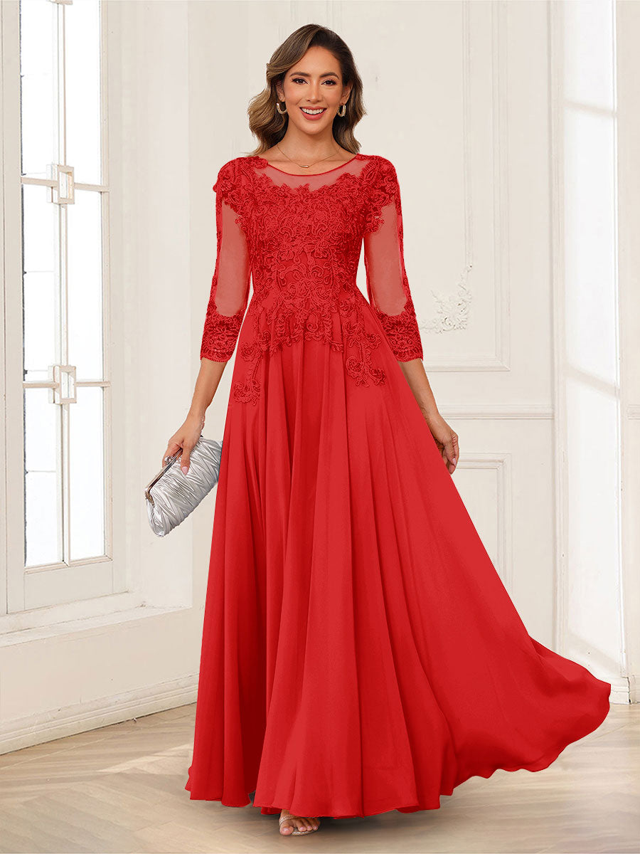 A-Line/Princess Scoop 3/4 Sleeves Chiffon Mother of the Bride Dresses with Applique