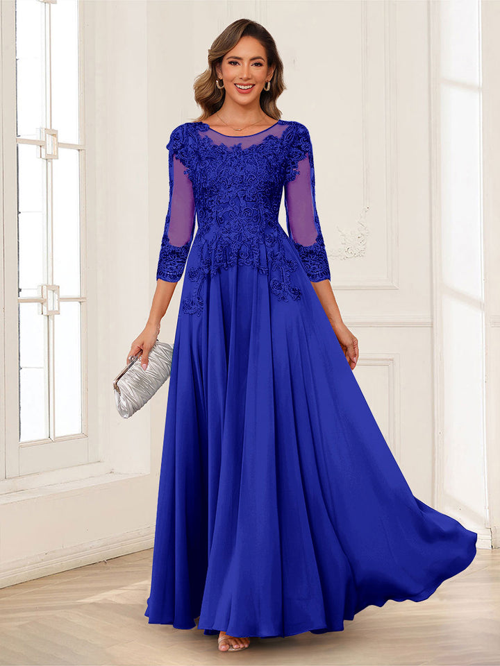 A-Line/Princess Scoop 3/4 Sleeves Chiffon Mother of the Bride Dresses with Applique