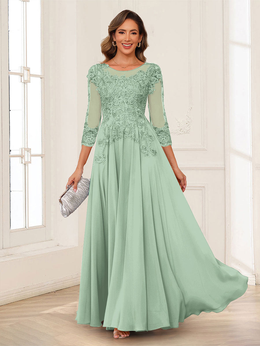 A-Line/Princess Scoop 3/4 Sleeves Chiffon Mother of the Bride Dresses with Applique