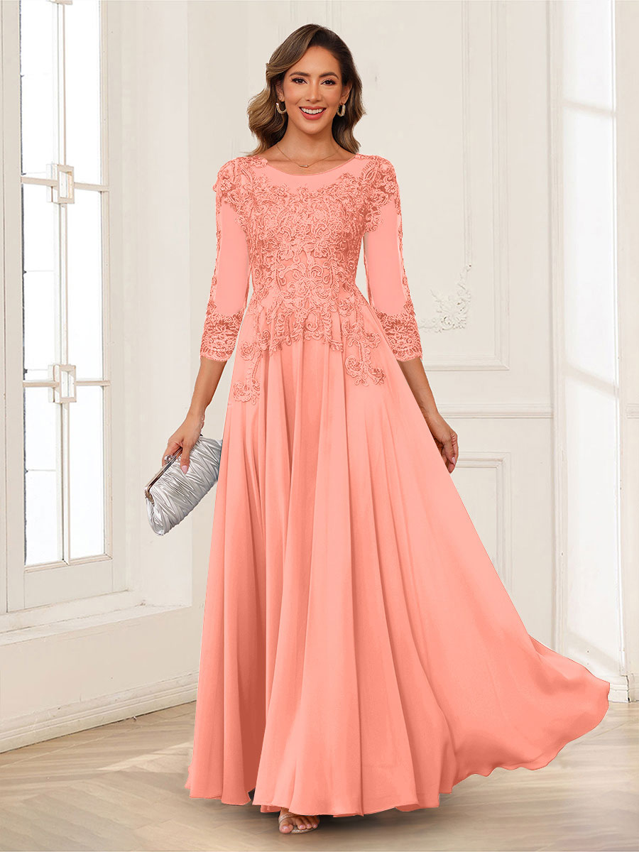 A-Line/Princess Scoop 3/4 Sleeves Chiffon Mother of the Bride Dresses with Applique