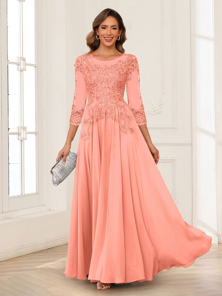A-Line/Princess Scoop 3/4 Sleeves Chiffon Mother of the Bride Dresses with Applique