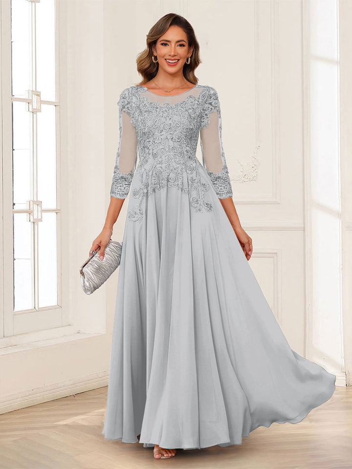 A-Line/Princess Scoop 3/4 Sleeves Chiffon Mother of the Bride Dresses with Applique