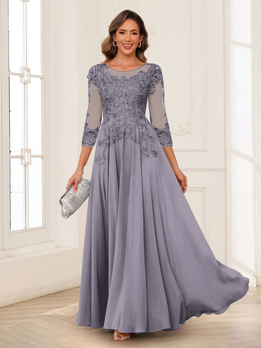 A-Line/Princess Scoop 3/4 Sleeves Chiffon Mother of the Bride Dresses with Applique