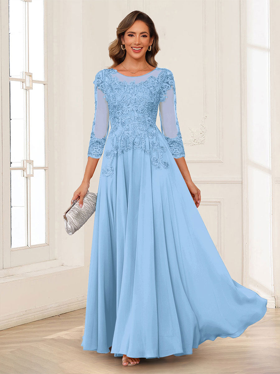 A-Line/Princess Scoop 3/4 Sleeves Chiffon Mother of the Bride Dresses with Applique