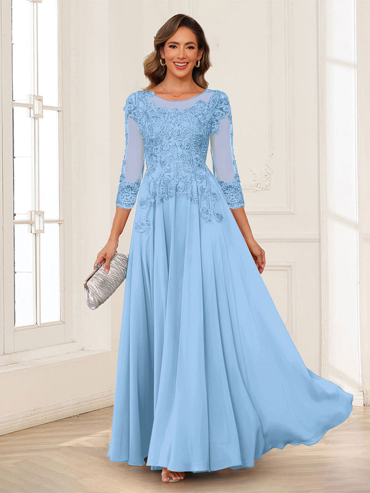 A-Line/Princess Scoop 3/4 Sleeves Chiffon Mother of the Bride Dresses with Applique