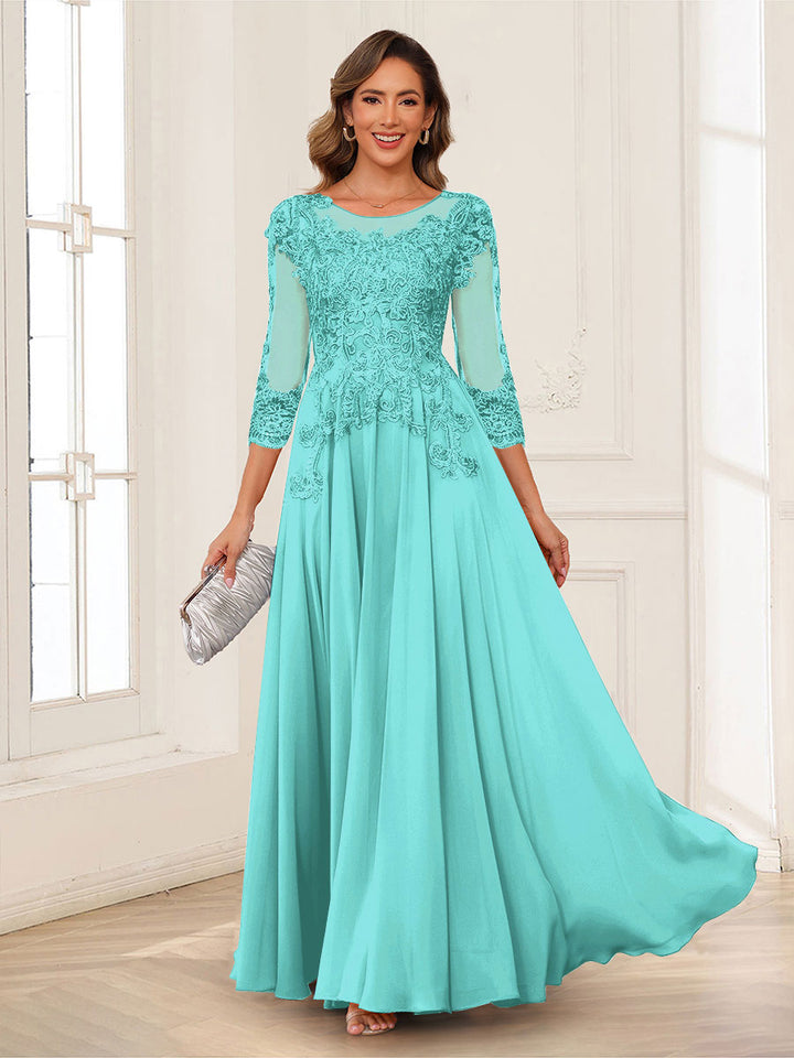 A-Line/Princess Scoop 3/4 Sleeves Chiffon Mother of the Bride Dresses with Applique
