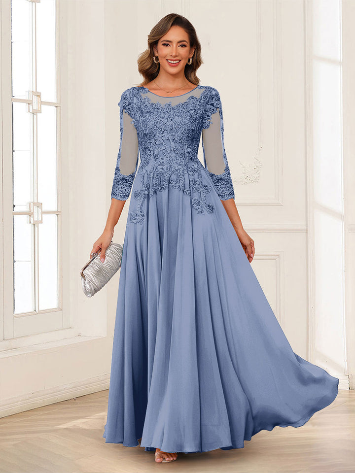 A-Line/Princess Scoop 3/4 Sleeves Chiffon Mother of the Bride Dresses with Applique