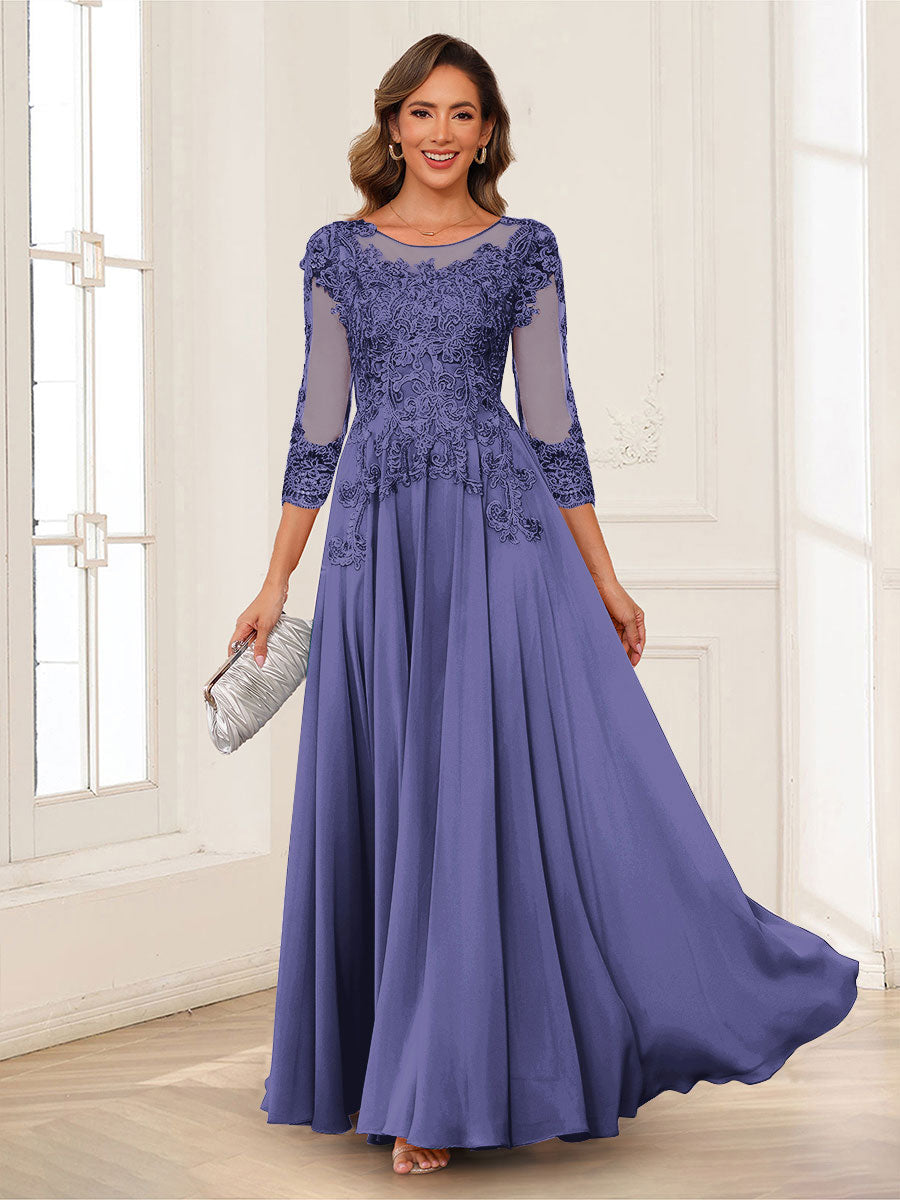 A-Line/Princess Scoop 3/4 Sleeves Chiffon Mother of the Bride Dresses with Applique