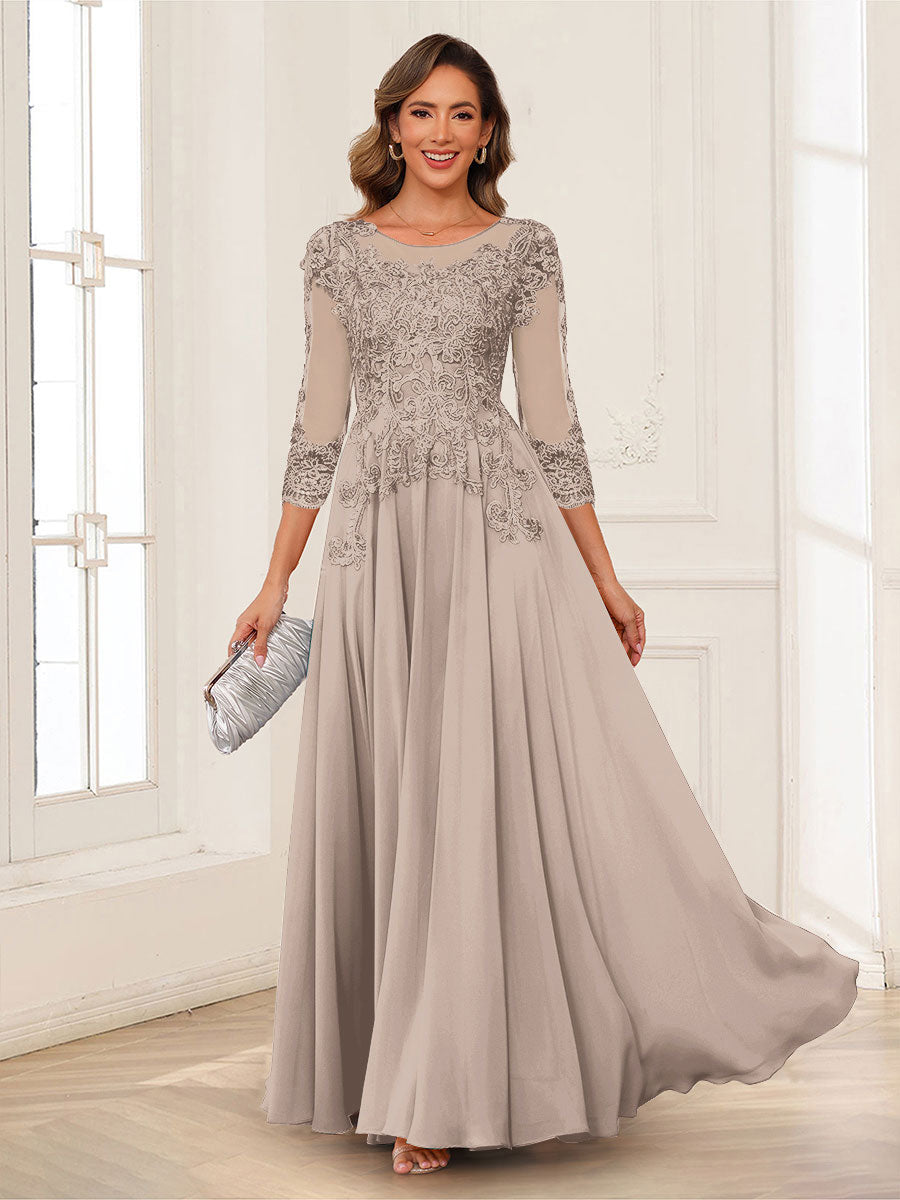 A-Line/Princess Scoop 3/4 Sleeves Chiffon Mother of the Bride Dresses with Applique