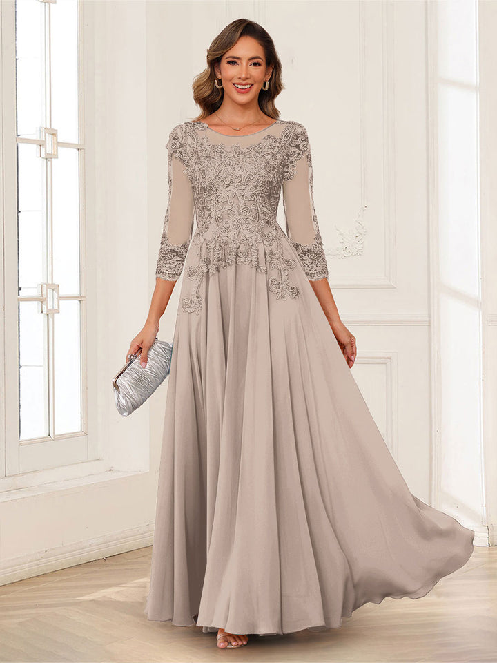 A-Line/Princess Scoop 3/4 Sleeves Chiffon Mother of the Bride Dresses with Applique