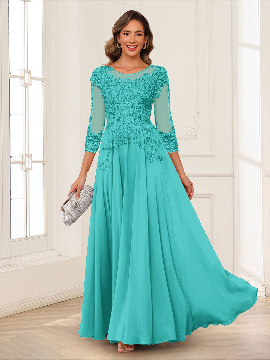 A-Line/Princess Scoop 3/4 Sleeves Chiffon Mother of the Bride Dresses with Applique