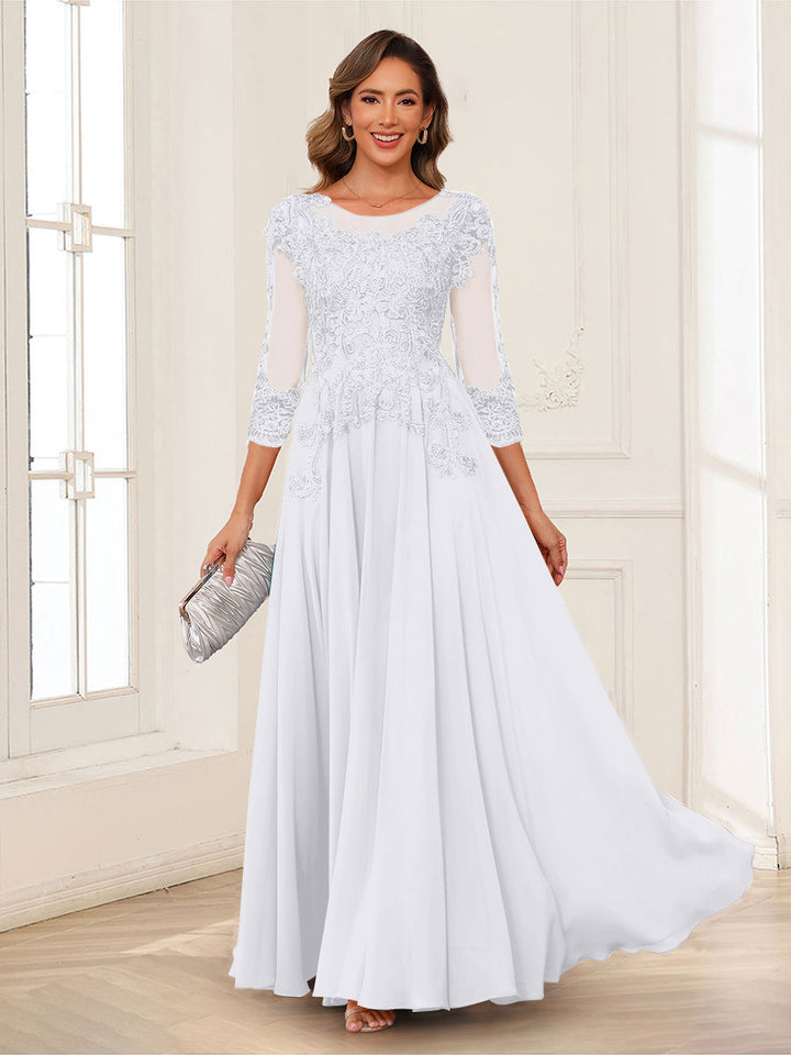 A-Line/Princess Scoop 3/4 Sleeves Chiffon Mother of the Bride Dresses with Applique
