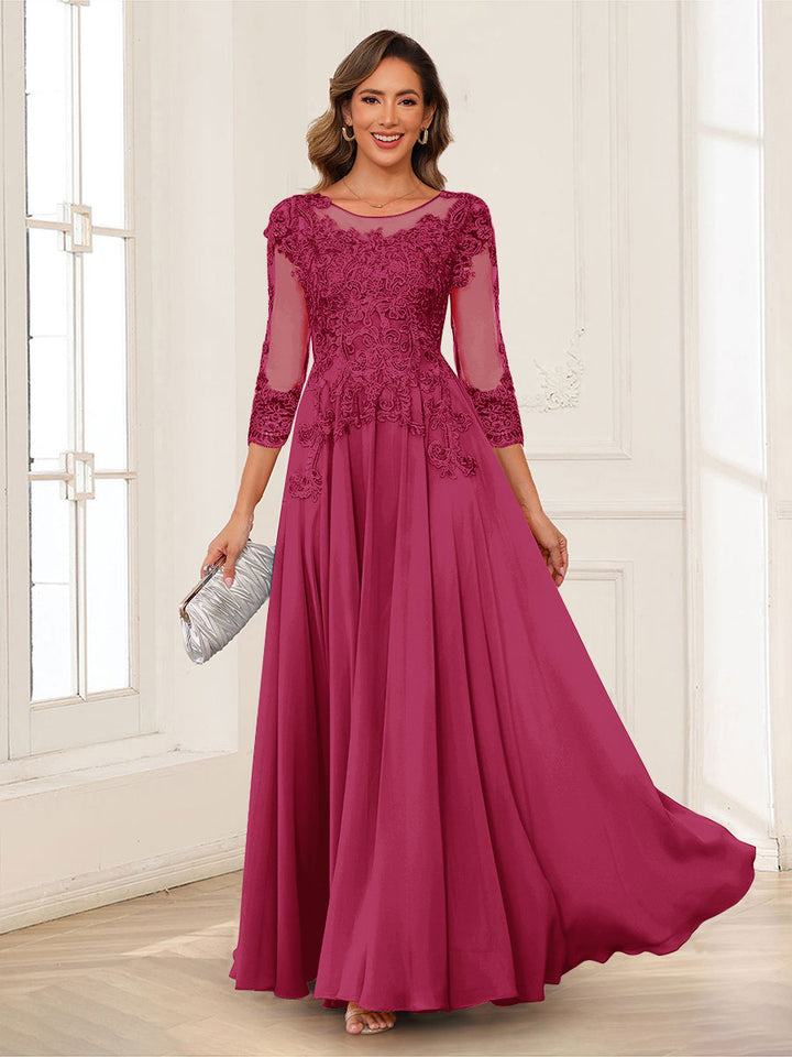 A-Line/Princess Scoop 3/4 Sleeves Chiffon Mother of the Bride Dresses with Applique