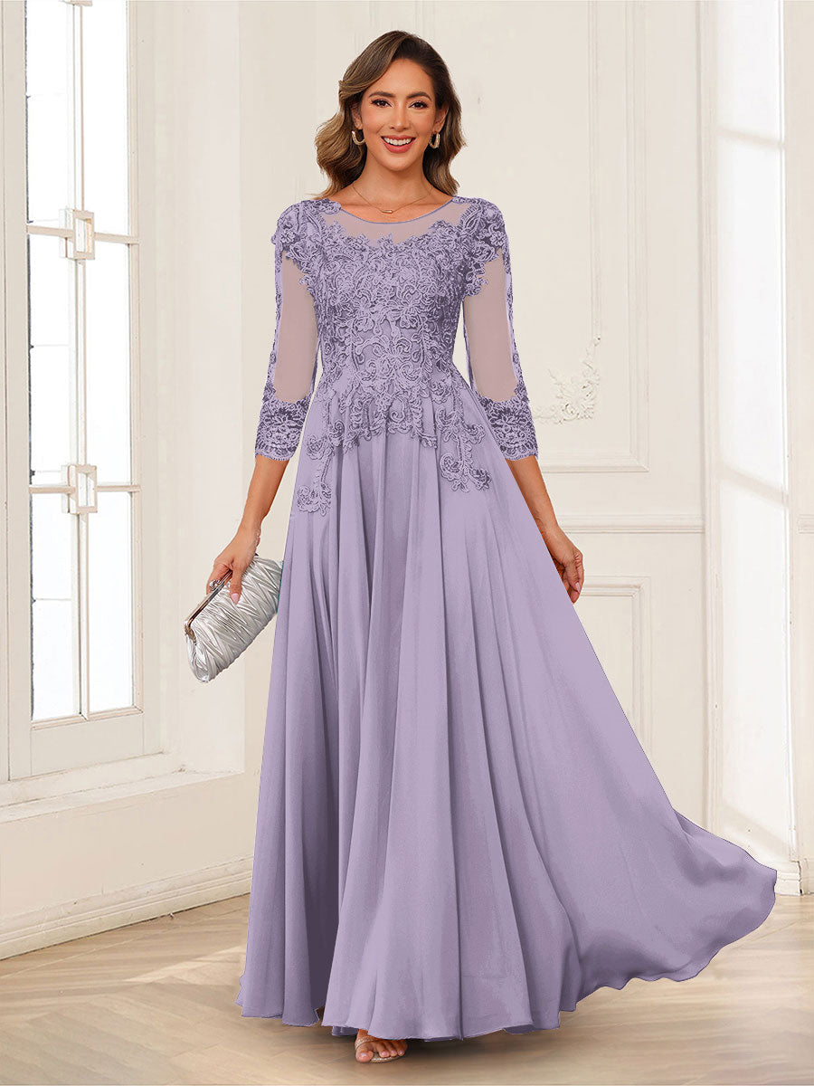 A-Line/Princess Scoop 3/4 Sleeves Chiffon Mother of the Bride Dresses with Applique