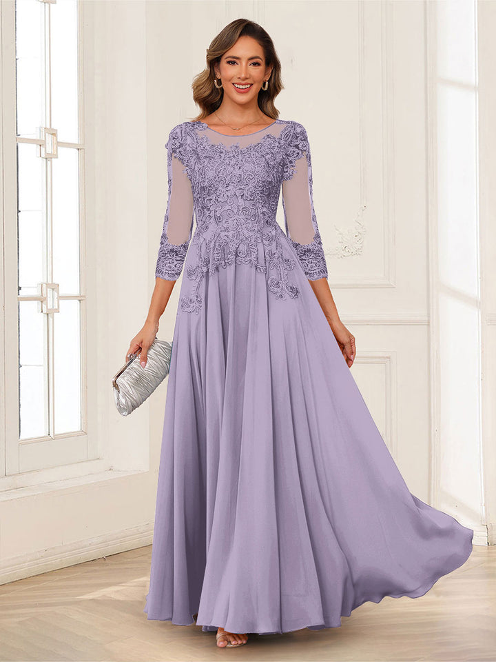 A-Line/Princess Scoop 3/4 Sleeves Chiffon Mother of the Bride Dresses with Applique