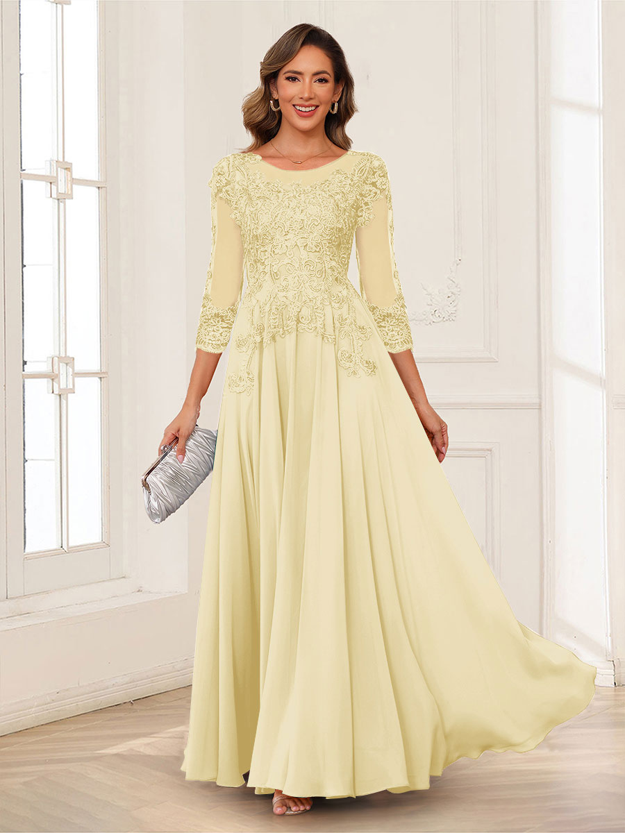 A-Line/Princess Scoop 3/4 Sleeves Chiffon Mother of the Bride Dresses with Applique