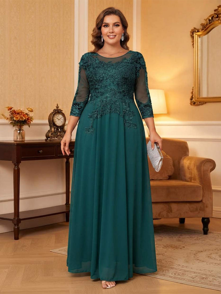 A-Line/Princess Scoop 3/4 Sleeves Floor-Length Plus Size Mother of the Bride Dresses with Applique