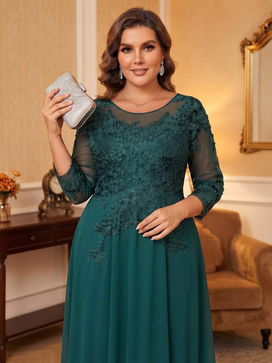 A-Line/Princess Scoop 3/4 Sleeves Floor-Length Plus Size Mother of the Bride Dresses with Applique