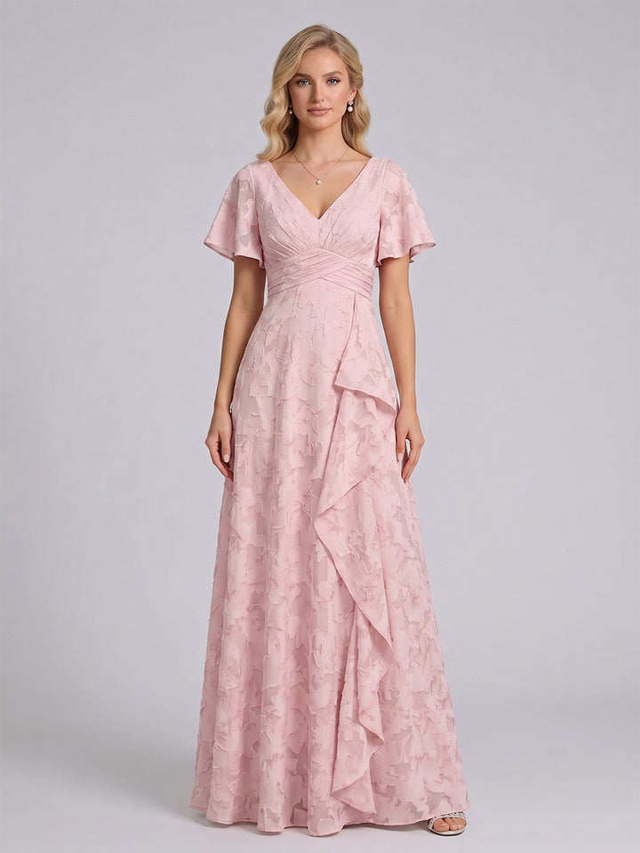 A-Line/Princess V-Neck Short Sleeves Floor-Length Long Bridesmaid Dresses with Ruffles