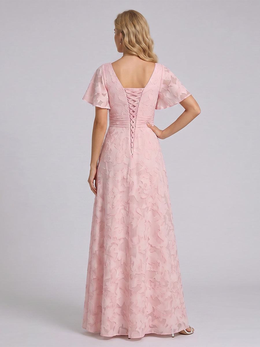 A-Line/Princess V-Neck Short Sleeves Floor-Length Long Bridesmaid Dresses with Ruffles